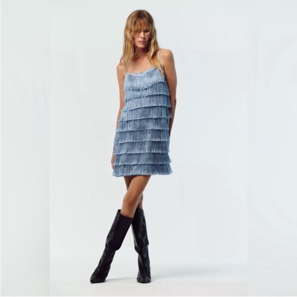 Zara Light Blue metallic Fringe Mini Dress - Picture 8 of 16